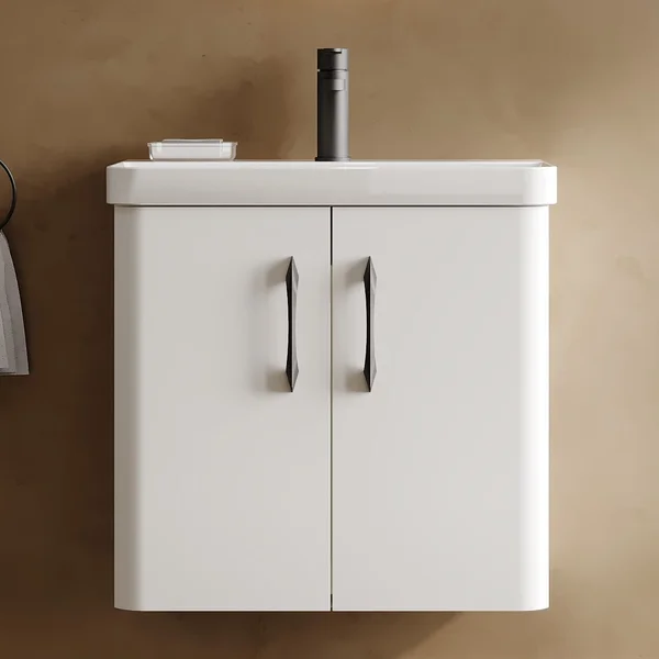 Alternate image of Nuie Core Wall Hung Gloss White Vanity Unit with Thin Edge Basin and Handles - 2 Door - 589mm High