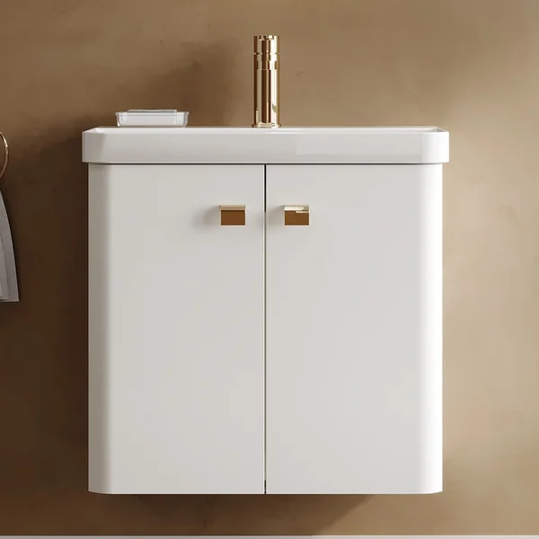 Alternate image of Nuie Core Wall Hung Gloss White Vanity Unit with Thin Edge Basin and Handles - 2 Door - 589mm High