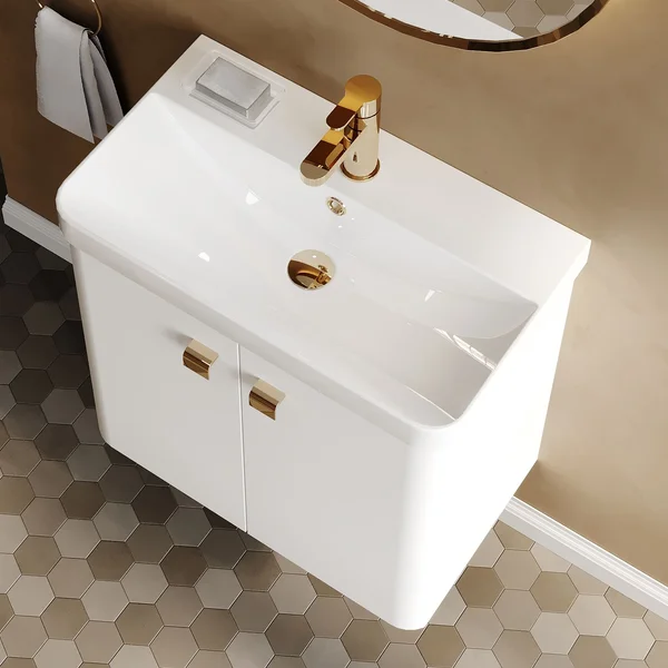 Alternate image of Nuie Core Wall Hung Gloss White Vanity Unit with Thin Edge Basin and Handles - 2 Door - 589mm High