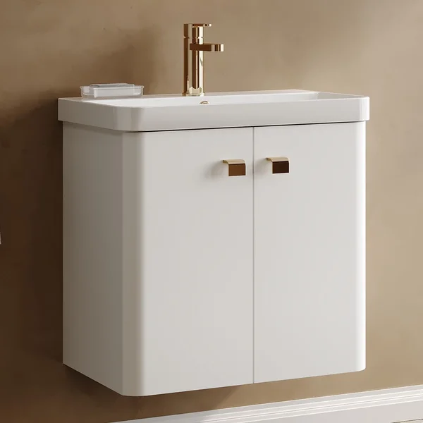 Alternate image of Nuie Core Wall Hung Gloss White Vanity Unit with Thin Edge Basin and Handles - 2 Door - 589mm High
