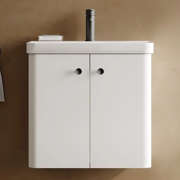 Alternate image of Nuie Core Wall Hung Gloss White Vanity Unit with Thin Edge Basin and Handles - 2 Door - 589mm High