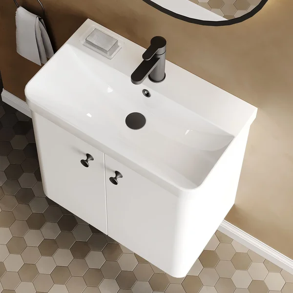 Alternate image of Nuie Core Wall Hung Gloss White Vanity Unit with Thin Edge Basin and Handles - 2 Door - 589mm High