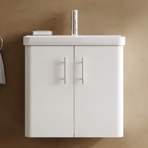 Alternate image of Nuie Core Wall Hung Gloss White Vanity Unit with Thin Edge Basin and Handles - 2 Door - 589mm High