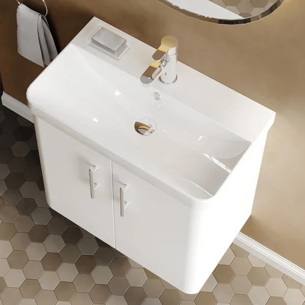 Alternate image of Nuie Core Wall Hung Gloss White Vanity Unit with Thin Edge Basin and Handles - 2 Door - 589mm High