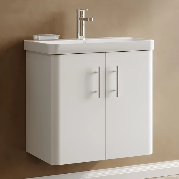 Alternate image of Nuie Core Wall Hung Gloss White Vanity Unit with Thin Edge Basin and Handles - 2 Door - 589mm High