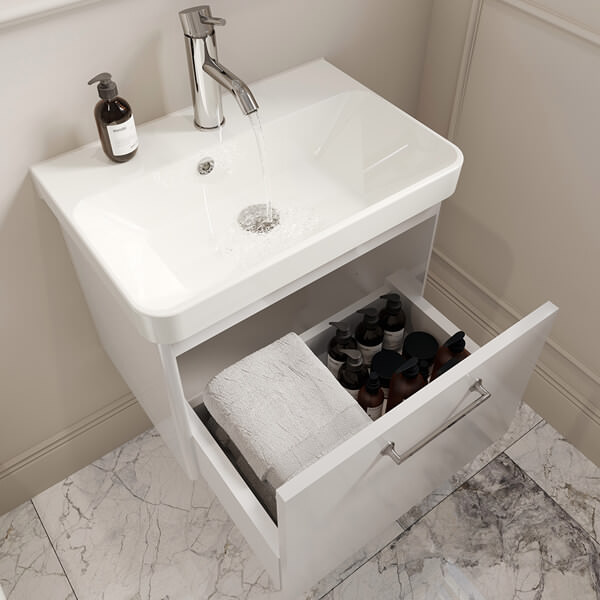 Additional image of Saneux Hyde Lite Wall-Hung Vanity Unit with Washbasin and Handle - 1 Drawer - Gloss White