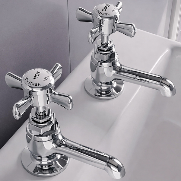 Heritage Dawlish Traditional Basin Pillar Taps - Curved Spout - Crosshead Handles