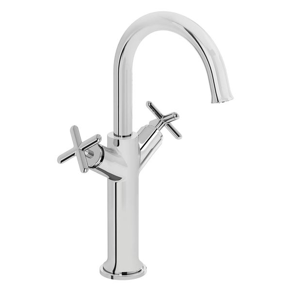 VitrA Origin Classic Tall Basin Mixer Tap with Curved Spout - Crosshead Handles