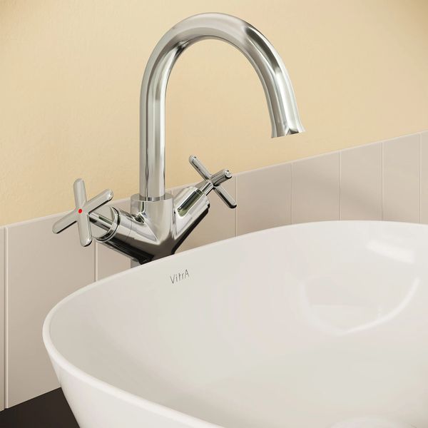 Additional image of VitrA Origin Classic Tall Basin Mixer Tap with Curved Spout - Crosshead Handles