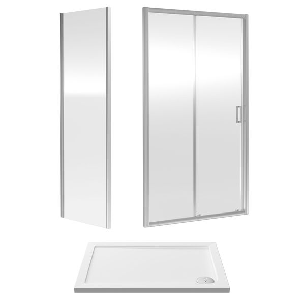 Nuie Rene Sliding Shower Door with Side Panel and Tray - Clear Glass - Aluminium Frame