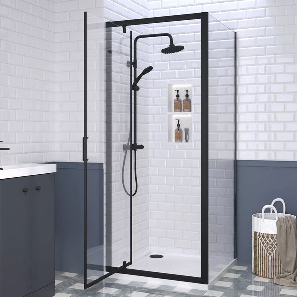 Alternate image of Nuie Rene Pivot Shower Door with Side Panel and Tray - Clear Glass - Aluminium Frame