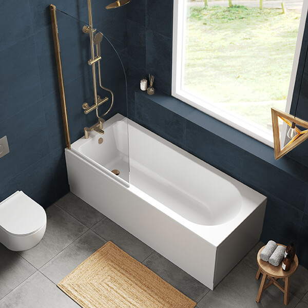 Alternate image of Nuie Single Ended Straight Bath with Curved Swing Screen and Panel - 4mm Acrylic - 1700mm Length