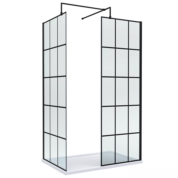 Nuie Black Grid Walk-In Wetroom Shower Screen Set with Support Bar and Tray - 1950mm High