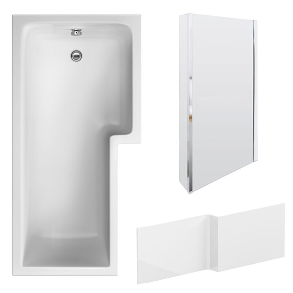 Nuie White L-Shaped Shower Bath With Front Panel and Screen 1700 x 850mm