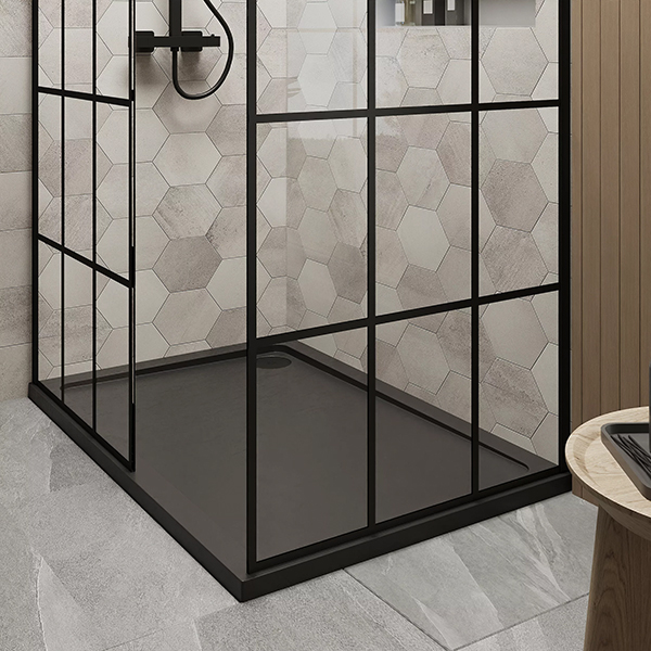 Alternate image of Nuie Black Grid Walk-In Wetroom Shower Screen Set with Support Bar and Tray - 1950mm High