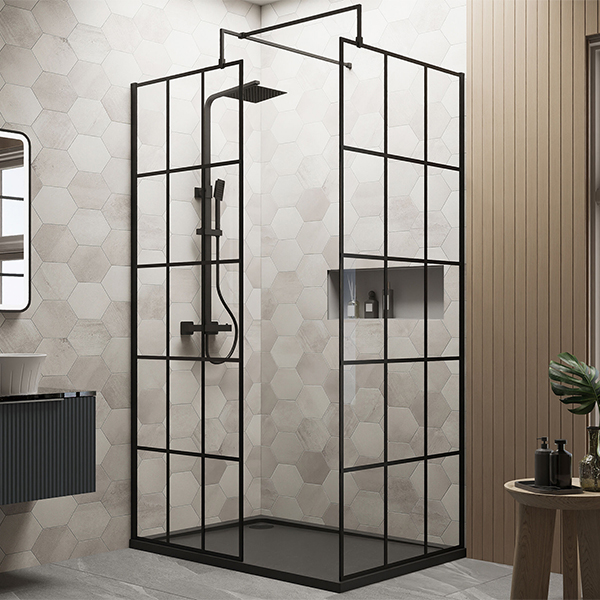 Alternate image of Nuie Black Grid Walk-In Wetroom Shower Screen Set with Support Bar and Tray - 1950mm High