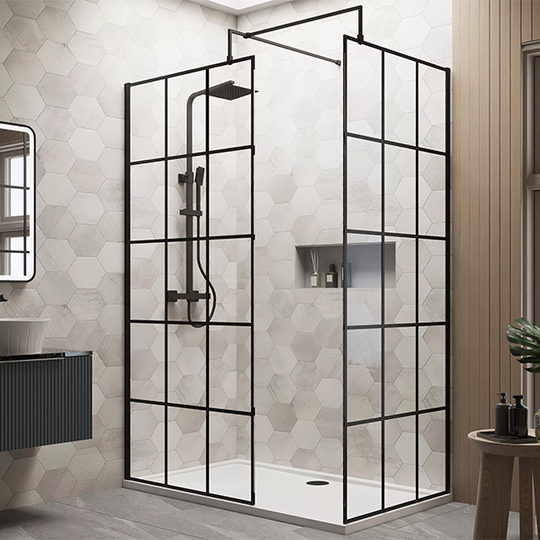 Alternate image of Nuie Black Grid Walk-In Wetroom Shower Screen Set with Support Bar and Tray - 1950mm High