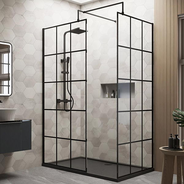Alternate image of Nuie Black Grid Walk-In Wetroom Shower Screen Set with Support Bar and Tray - 1950mm High
