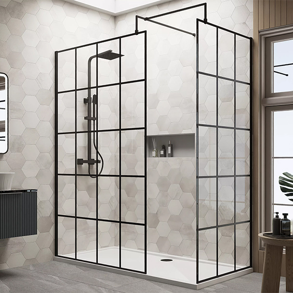 Alternate image of Nuie Black Grid Walk-In Wetroom Shower Screen Set with Support Bar and Tray - 1950mm High