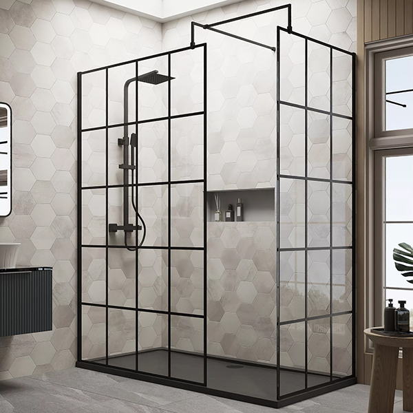 Alternate image of Nuie Black Grid Walk-In Wetroom Shower Screen Set with Support Bar and Tray - 1950mm High