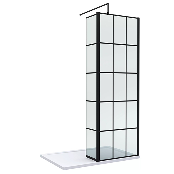 Nuie Wetroom Black Grid Glass Screen with Return Panel and Tray