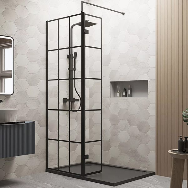 Alternate image of Nuie Wetroom Black Grid Glass Screen with Return Panel and Tray