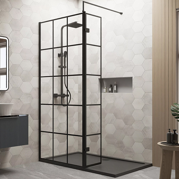 Alternate image of Nuie Wetroom Black Grid Glass Screen with Return Panel and Tray