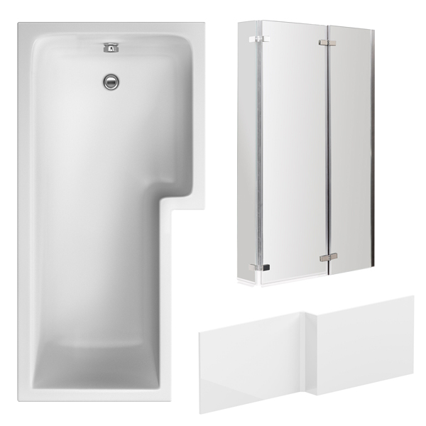 Nuie White L-Shaped Shower Bath With Front Panel and Hinged Screen 1700 x 850mm