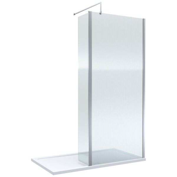 Nuie Semi-Frameless Fluted Walk-In Wetroom Shower Screen with Return Panel and Tray - 1950mm High