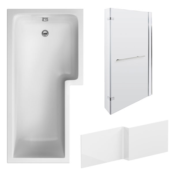 Nuie White L-Shaped Shower Bath Including Panel And Screen with Towel Rail 1700 x 850mm