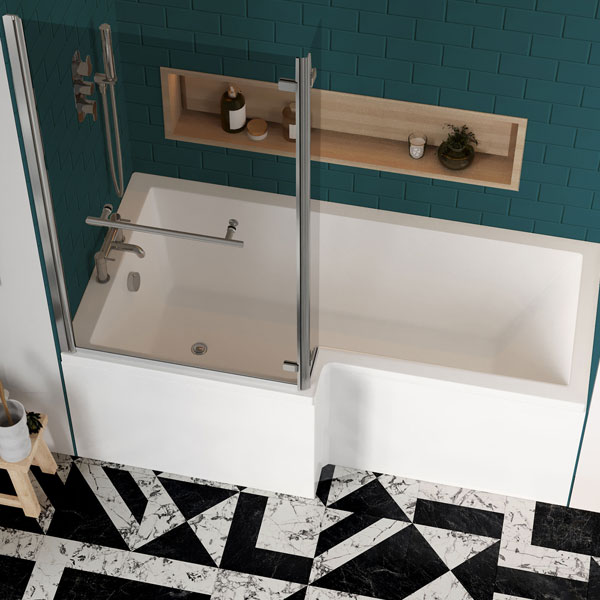 Alternate image of Nuie White L-Shaped Shower Bath Including Panel And Screen with Towel Rail 1700 x 850mm