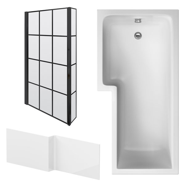 Alternate image of Nuie White L-Shaped Shower Bath With Front Panel And Black Grid Screen 1700 x 850mm