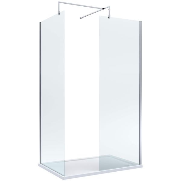 Nuie Frameless Walk-In Wetroom Shower Enclosure with Support Bars and Rectangular Tray