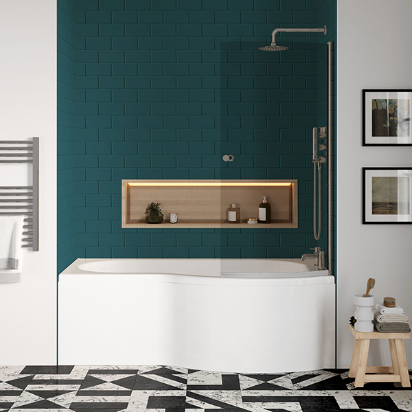 Alternate image of Nuie White P-Shaped Shower Bath with Front Panel and Curved Bath Screen 1700 x 850mm