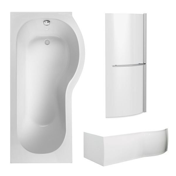 Additional image of Nuie White P-Shaped Shower Bath with Front Panel and Curved Bath Screen 1700 x 850mm