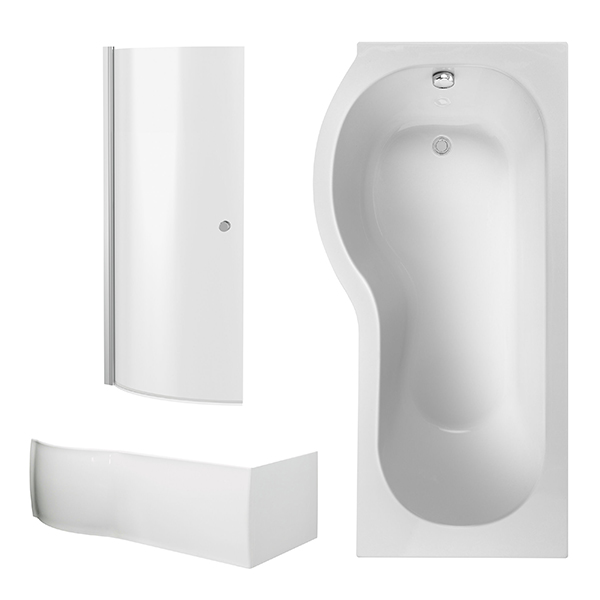 Alternate image of Nuie White P-Shaped Shower Bath with Front Panel and Curved Bath Screen 1700 x 850mm