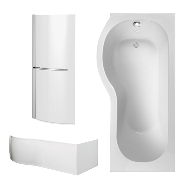 Alternate image of Nuie White P-Shaped Shower Bath with Front Panel and Curved Bath Screen 1700 x 850mm