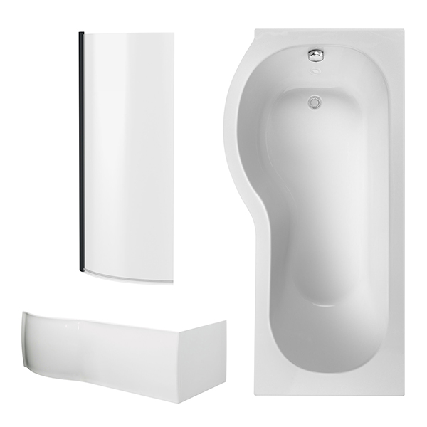 Alternate image of Nuie White P-Shaped Shower Bath with Front Panel and Curved Bath Screen 1700 x 850mm