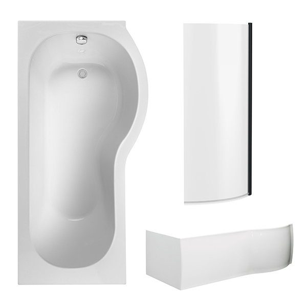 Alternate image of Nuie White P-Shaped Shower Bath with Front Panel and Curved Bath Screen 1700 x 850mm