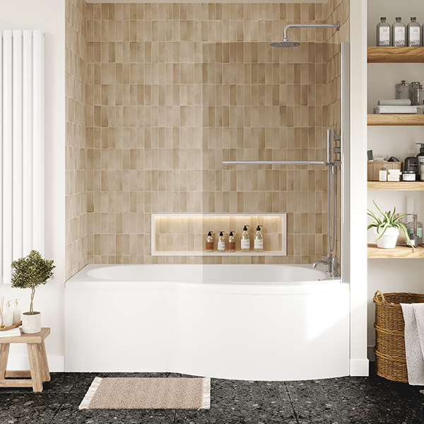 Alternate image of Nuie White B-Shaped Shower Bath with Front Panel and Curved Bath Screen 1700 x 900mm