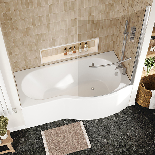 Additional image of Nuie White B-Shaped Shower Bath with Front Panel and Curved Bath Screen 1700 x 900mm