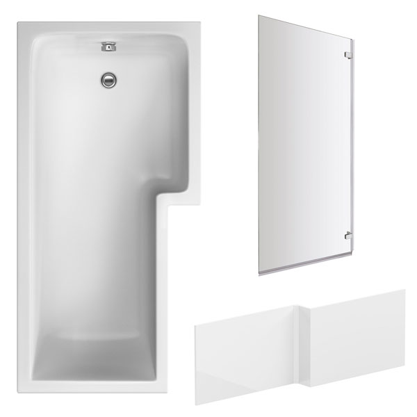 Nuie White L-Shaped Shower Bath With Front Panel and Chrome Screen 1700 x 850mm