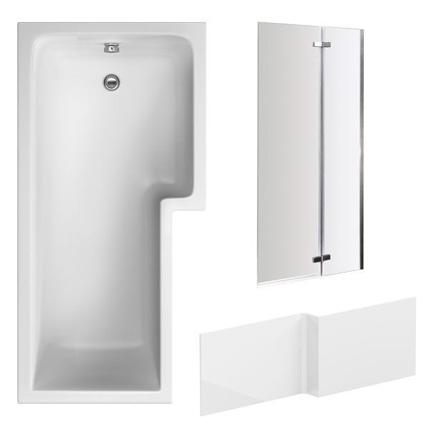 Nuie White L-Shaped Shower Bath With Front Panel and Folding Screen 1700 x 850mm