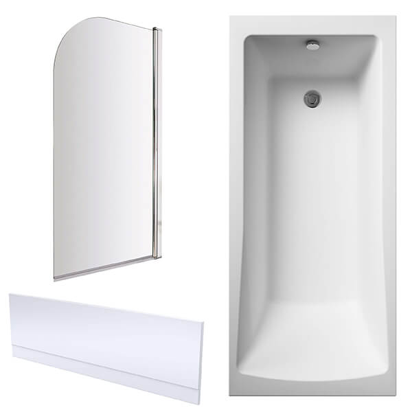 Nuie Single Ended Straight Bath with Curved Swing Screen and Panel - 4mm Acrylic - 1700mm Length