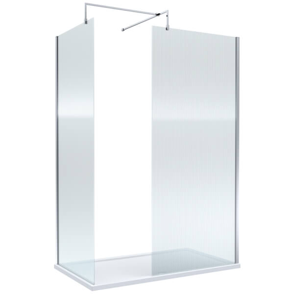 Nuie Frameless Fluted Glass Wetroom Screen with Support Bars and Rectangular Tray