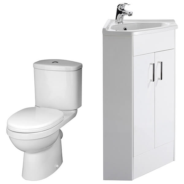 Nuie Deco White Contemporary Floorstanding Corner Vanity Unit with Basin and Toilet Pack