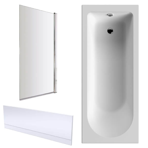 Nuie Single Ended Bath with Straight Swing Screen and Panel - 4mm Acrylic - 1700mm Length