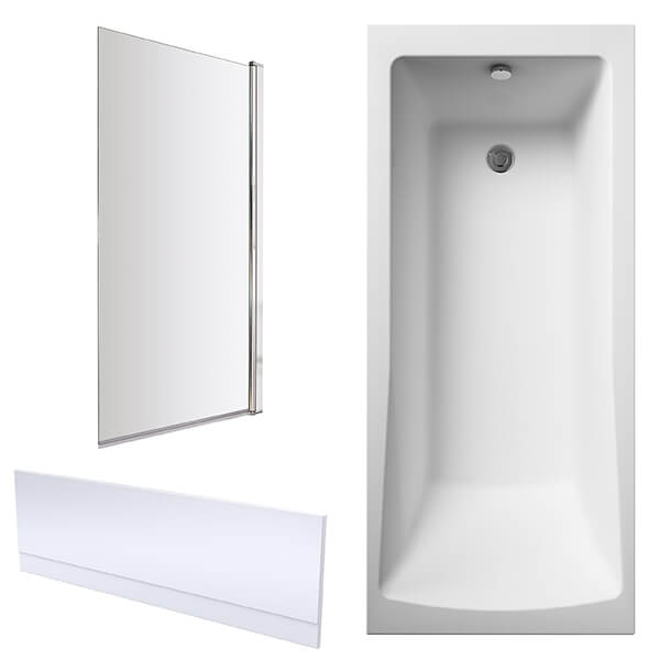 Nuie Single Ended Straight Bath with Straight Swing Screen and Panel - 4mm Acrylic - 1700mm Length