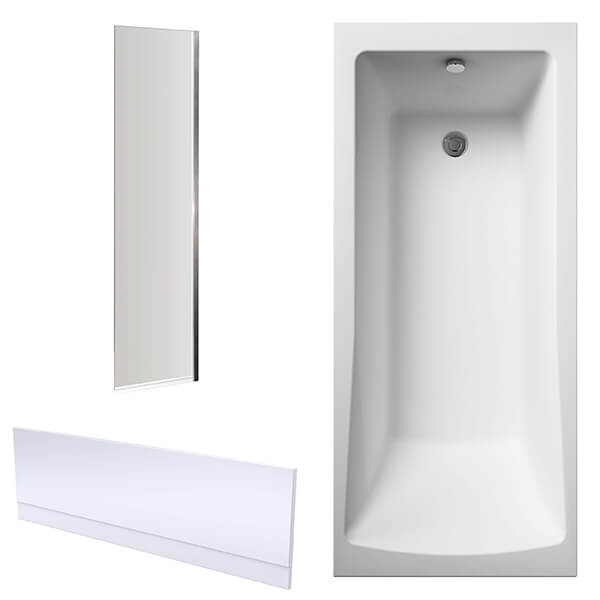 Nuie Single Ended Straight Bath with Fixed Half Screen and Panel - 4mm Acrylic - 1700mm Length