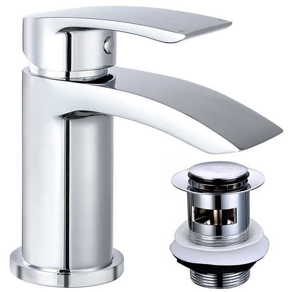 Joseph Miles Kimberley Waterfall Basin Mixer Tap with Sprung Waste - Curved Handle - Deck Mounted